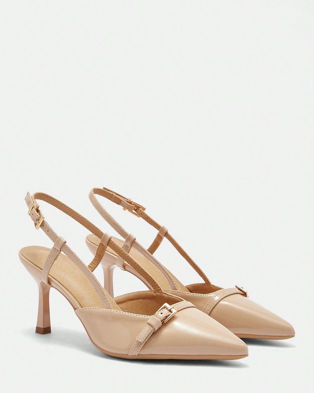 apricot patent slingback kitten heels with a pointed toe and buckle strap